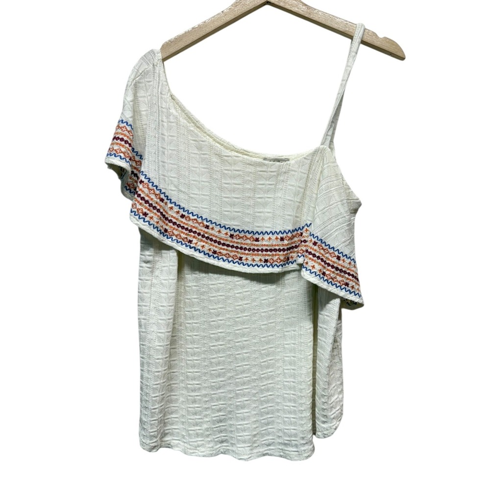 Lucky Brand Womens Sz L Top Ivory Embroidered Boho Artsy Festival Off Shoulder